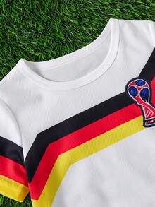 Young BoyFashion Casual Sports Football World Cup Theme Patchwork Striped Contrast Color Short Sleeve Top And Shorts Set - White - View 3