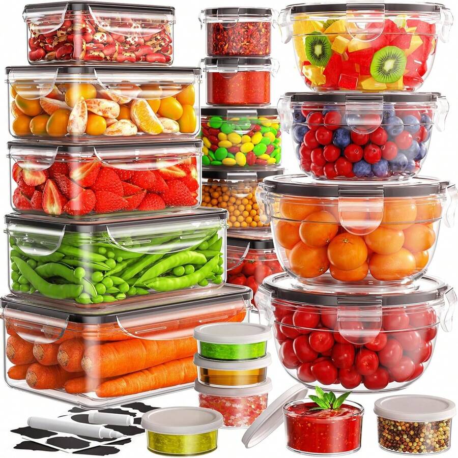 GHQ Juego de 44 cajas de almacenamiento de alimentos, contenedores de cocina, loncheras, cajas apilables reutilizables para refrigerios y almuerzos, cajas de almacenamiento de plástico con cierre a presión, etiquetas y marcadores adjuntos para almacenar alimentos y organizar la cocina. - Gran capacidad - Ver 1