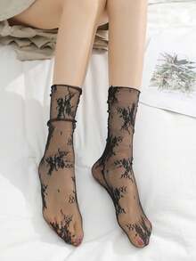 1双女士中筒袜，蕾丝网眼长袜，透明仙女洛丽塔风格可爱白色薄款透气蕾丝袜，夏季必备 - 彩色 - 查看 9