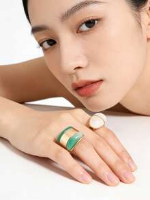 2026新款中国风复古优雅绿玛瑙白贝壳女士首饰套装，18K镀金几何戒指耳环套装 - 彩色 - 查看 10
