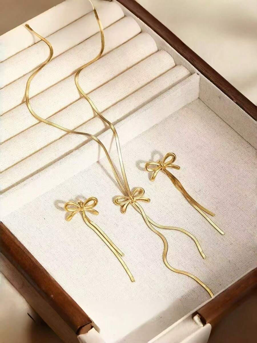 3件套18K镀金优雅柔软蝴蝶结蛇骨链项链套装，法式浪漫丝带设计颈链，少女元素项链，适合与朋友聚会和约会装扮 - 金色 - 查看 1