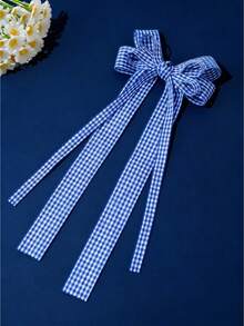 2pcs Back To School Blue & White Plaid Bow Ribbon Hair Clips, Suitable For Daily Use - Blue - View 3