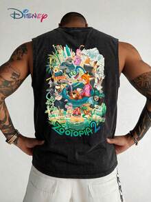 Disney Zootopia 2 Character Graphic Tank Top - 100% Washed Cotton - Front Judy Hopps & Nick Wilde Portrait With "Zootopia" Text / Back Panoramic Cityscape With Full Cast & "Zootopia 2" Logo - Distressed Grey Loose Fit Streetwear Sleeveless Shirt For Men & Women - màu đen - Xem 4