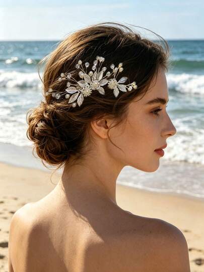Bộ 5 kẹp tóc cô dâu họa tiết lá cổ điển, phụ kiện tóc lá vàng và ngọc trai, trang sức tóc cưới, phù hợp cho mọi mùa, mùa hè, đi biển.
