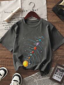 [Back To School] 1pc Tween Boy Printed Short Sleeve T-Shirt, Student Youth Apparel, Summer Top For Kids - Dark Grey - View 3
