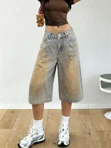 Quần lửng nữ dáng rộng thoải mái, rách rưới, nhuộm tie-dye và có túi, phong cách thời trang đường phố Y2K, thích hợp cho mùa xuân/hè. - Màu vàng - Xem 2