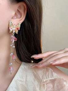 1Pair -Tone Pink Long Butterfly Pearl Tassel Earrings, Suitable For Spring/Summer Outfits - 金粉紅色 - 查看 5