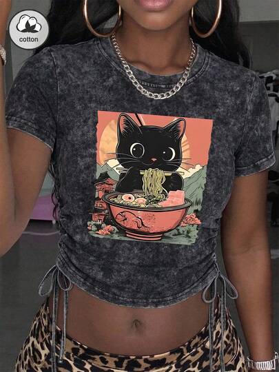 ES TRUS 女士夏季趣味印花“可爱卡通黑猫吃面条”个性化图案T恤，舒适复古基础款时尚通勤多功能Y2K风格，适合户外休闲，常规小众朋克风黑色修身性感抽绳圆领水洗T恤
