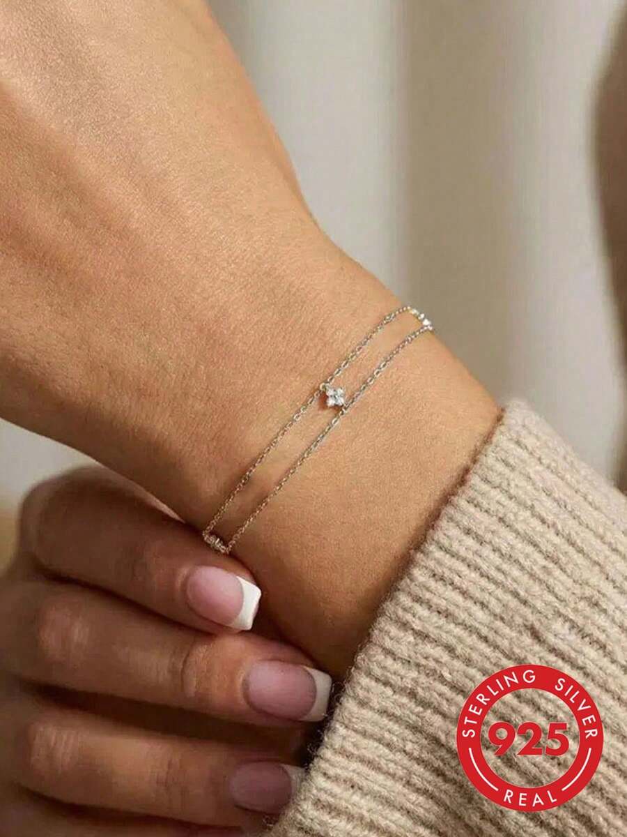 GAGAFEEL 1 chiếc vòng tay bạc 925 cao cấp, kiểu dáng thanh lịch, hai lớp, đính đá Zirconia hình hoa dễ thương, thích hợp đeo hàng ngày, làm quà tặng cho bạn bè trong các bữa tiệc. - Bạc - Xem 1
