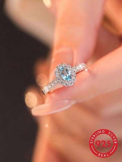 1pc S925 Sterling Silver Luxury Fashionable Alluring Sparkling Geometric Oval Blue Zirconia Ring, Suitable For Couples, Party, Wedding, Engagement, Statement Jewelry Gift