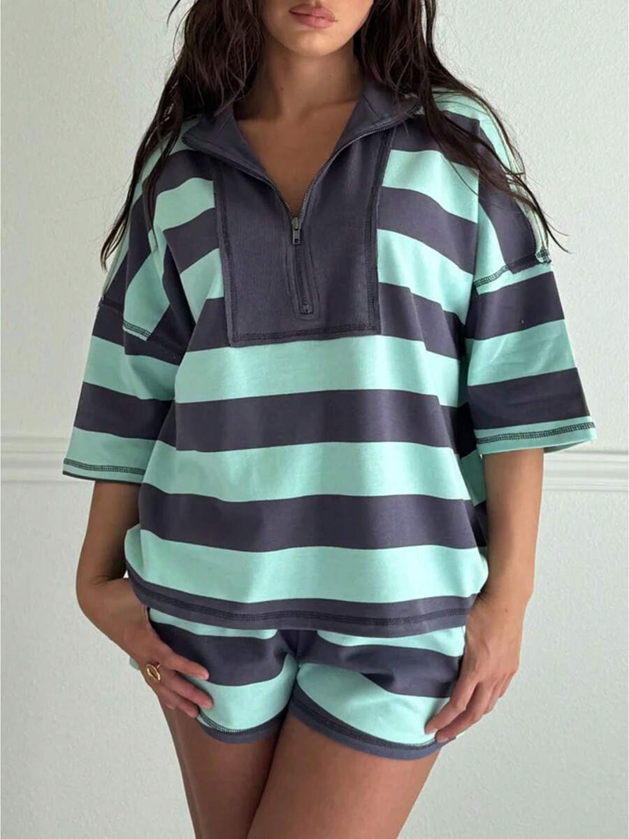 Womens Summer 2pcs Set Stripe Seam Detail Half Zip Oversize Tee Shorts Sweatsuits Casual Lounge Outfits With Pockets - 藍色 - 查看 1