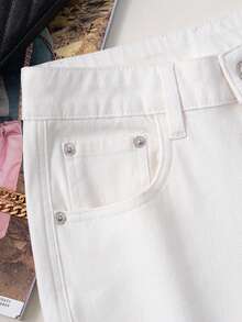 Women's Casual Straight Leg Loose Fit Jeans With Pockets, Fashionable Straight Jeans, Washed Denim Loose Fit Jeans, Vintage Casual Style, Wide Leg And High Waist For Everyday Wear, Comfortable, Stretchy And Suitable For All Seasons - 白色 - 查看 6