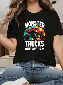 Casual Style Women's T-Shirt Monster Trucks Are My Jam Graphic Design Summer Wear Gift For Truck Enthusiasts - 黑色 - 查看 1