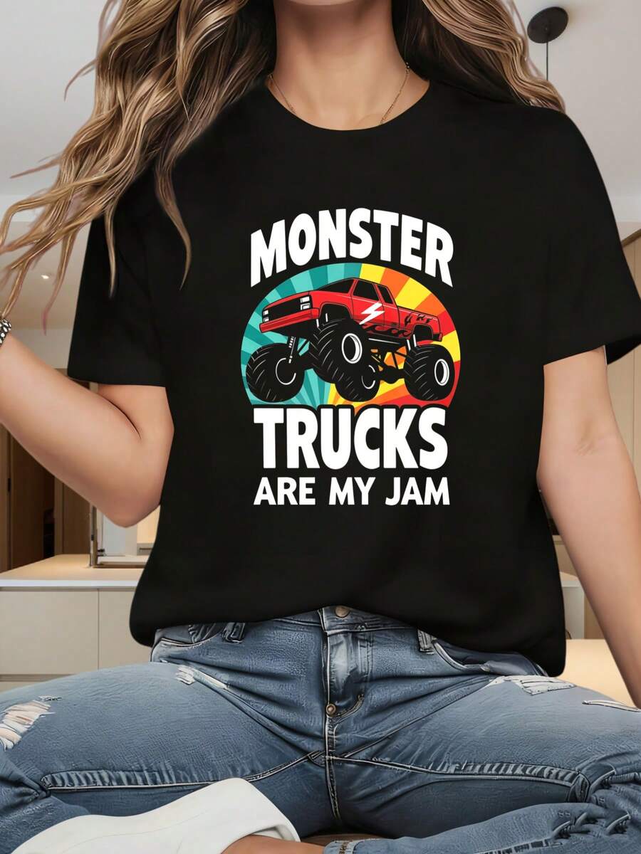 Casual Style Women's T-Shirt Monster Trucks Are My Jam Graphic Design Summer Wear Gift For Truck Enthusiasts - 黑色 - 查看 1