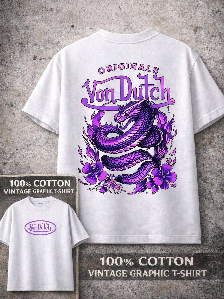 Graphic T-Shirt Vons Dutch Logo Dragon Print Everyday Casual Streetwear Machine Washable Regular Fit All Season Top Weekend Outfit Playful Fashion Durable Shirt Short Sleeve Shirt - 白色 - 查看 1