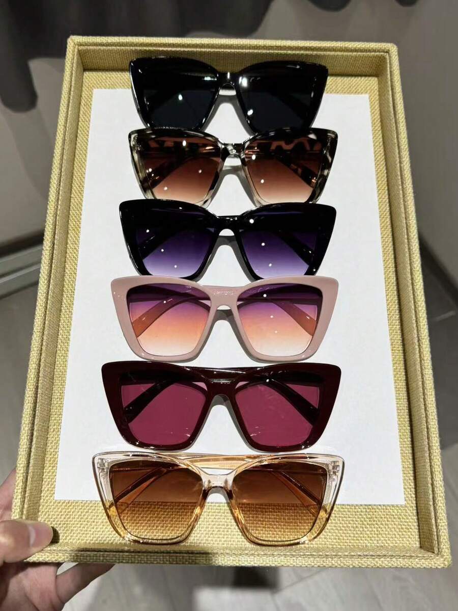 6pcs Women's Cat Eye Fashion Eyeglasses, Suitable For Daily Wear, Photo Shooting, Retro Style - 6pcs Black and White Tofu Pudding, Purple-gray and Pink Tea - View 1