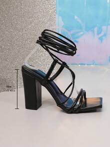 Women's Fashionable Chunky Heel Square Toe Sexy Sandals - Black - View 3