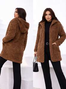 Women's Long Teddy Coat With Faux Fur, Hood, And Lined Pocket - 棕色 - 查看 4