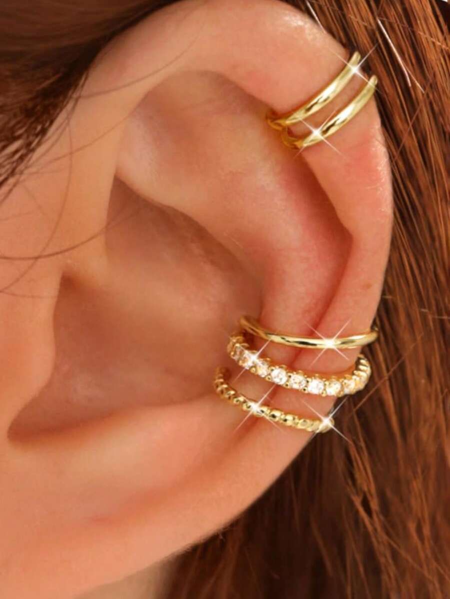 4pcs Clip-On Adjustable Ear Cuff Earrings, No Piercing Required, Suitable For Women - Gold - View 1