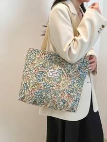 Bolso de hombro tipo tote de gran capacidad con estampado floral y cierre con cremallera, adecuado para la oficina, la escuela, el transporte o el uso diario casual. - Multicolor 4 - Ver 8