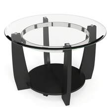 GOFLAME Rolling Glass Coffee Table With Wheels, 81CM 2-Tier Round Center Table With Storage Shelf & Solid Rubber Wood Legs, Modern Cocktail Tea Table For Living Room, Home Office - Black - View 9