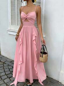 Robe de soirée longue pour femmes, couleur unie, sexy et élégante, avec dos nu, torsadée, froncée et volantée, pour soirée, mariage et cérémonie, couleur rose - Rose bonbon - Voir 2
