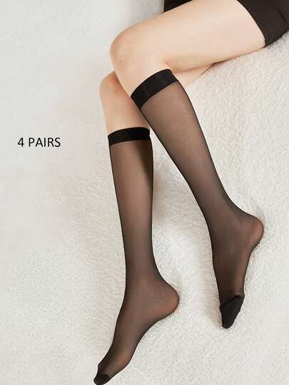 4 Pairs Skin-Tone Semi-Sheer Stockings, Versatile Everyday Wear Women Mid-Calf Socks, Black Thin Nylon Ankle Socks For Summer
