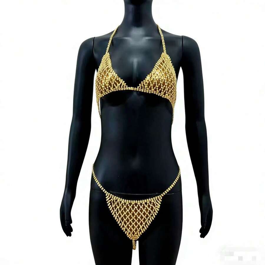 性感夸张水钻比基尼身体链沙滩夜店内衣比基尼身体链时尚女士珠宝配饰 - 金色 - 查看 1
