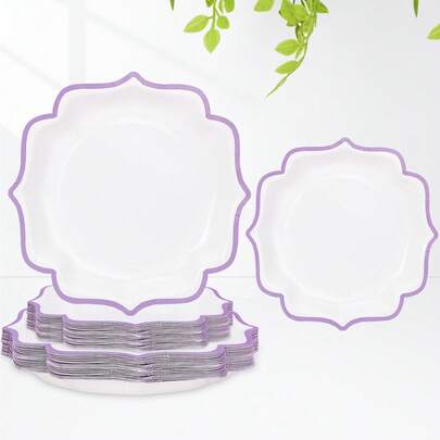 10pcs/20pcs/30pcs 9 Inch & 7 Inch White Disposable Paper Plates With Purple Scalloped Edge,Unique Moroccan Lantern Shaped Paper Plates For Wedding, Bridal Shower,Baby-Shower, Birthday Party, Tea Party & Dinner Dessert Serving Men Women