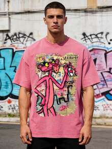 Vintage Pi Nk Pan Ther Graphic Tee Men 100% Cotton Oversized Washed T-Shirt Streetwear Retro Cartoon Print Casual Top, Distressed Summer Tee For Street Style, Oversized Fit - 玫紅色 - 查看 2