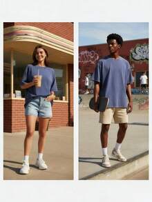 Vintage Washed T-Shirt | 100% Cotton Oversized Basic Tee | Retro Streetwear - Blue - View 3