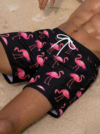 Quần short đi biển nam in hình chim hồng hạc màu hồng, quần short cạp chun kiểu dáng thường ngày, thích hợp cho mùa hè.