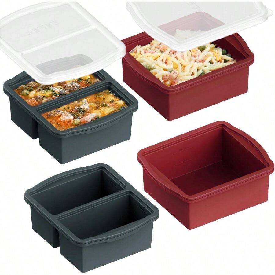 Silicone Freezer Trays With Lids, Set Of 4 - With 1cup And 2 Cup Silicone Freezer Molds Freezing Soups, Sauces And Individual Microwave - Bộ 4 chiếc màu xám và đỏ - Xem 1