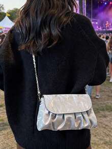 Bolso de hombro con cadena plateada fruncida para mujer, bolso cruzado de solapa brillante de moda para fiesta y uso diario - Multicolor - Ver 7