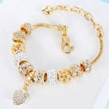 1件装女士手链，大珠手链，金色欧洲珠子，心形水晶，时尚 - 金色 - 查看 2