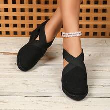 Woven Closed Toe Criss-Cross Elastic Rope Fashionable Wedge Heel Women Shoes - Black - View 7