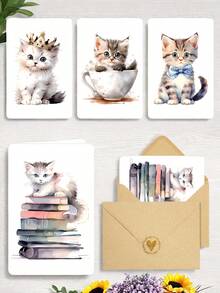 Bộ 4 thiệp chúc mừng sinh nhật hình mèo dễ thương kèm phong bì, họa tiết mèo con vẽ màu nước, nhiều kiểu dáng khác nhau, bên trong để trống. - Xem 2
