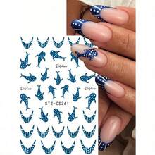 2 Pcs 3D Ocean Shark Nail Art Stickers Fashionable Polka Dot French Wave Line Sea Shark Adhesive Nail Charms Summer Ocean Series Y2K Nail Decoration Accessories - 藍白色 - 查看 5