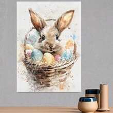 Póster de acuarela de primavera 2D plano con marco de madera y lienzo, conejito de Pascua vintage enmarcado asomándose de una cesta de mimbre con huevos de lunares, adecuado para decoración de dormitorio, regalo rústico moderno de festividades de primavera para decoración de dormitorio, sala de estar y oficina - Enmarcado - Ver 4