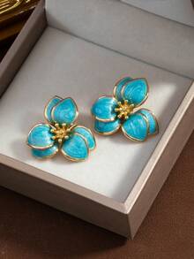 1 Pair Delicate Oil Drop Flower Earrings, Suitable For Vacation And Daily Wear - Blue Flowers - View 3