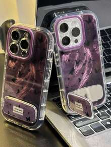 1 chiếc ốp lưng điện thoại họa tiết gợn sóng màu tím, nhãn hình bướm đen, tương thích với iPhone 11-17 Pro Max - Màu tím - Xem 2