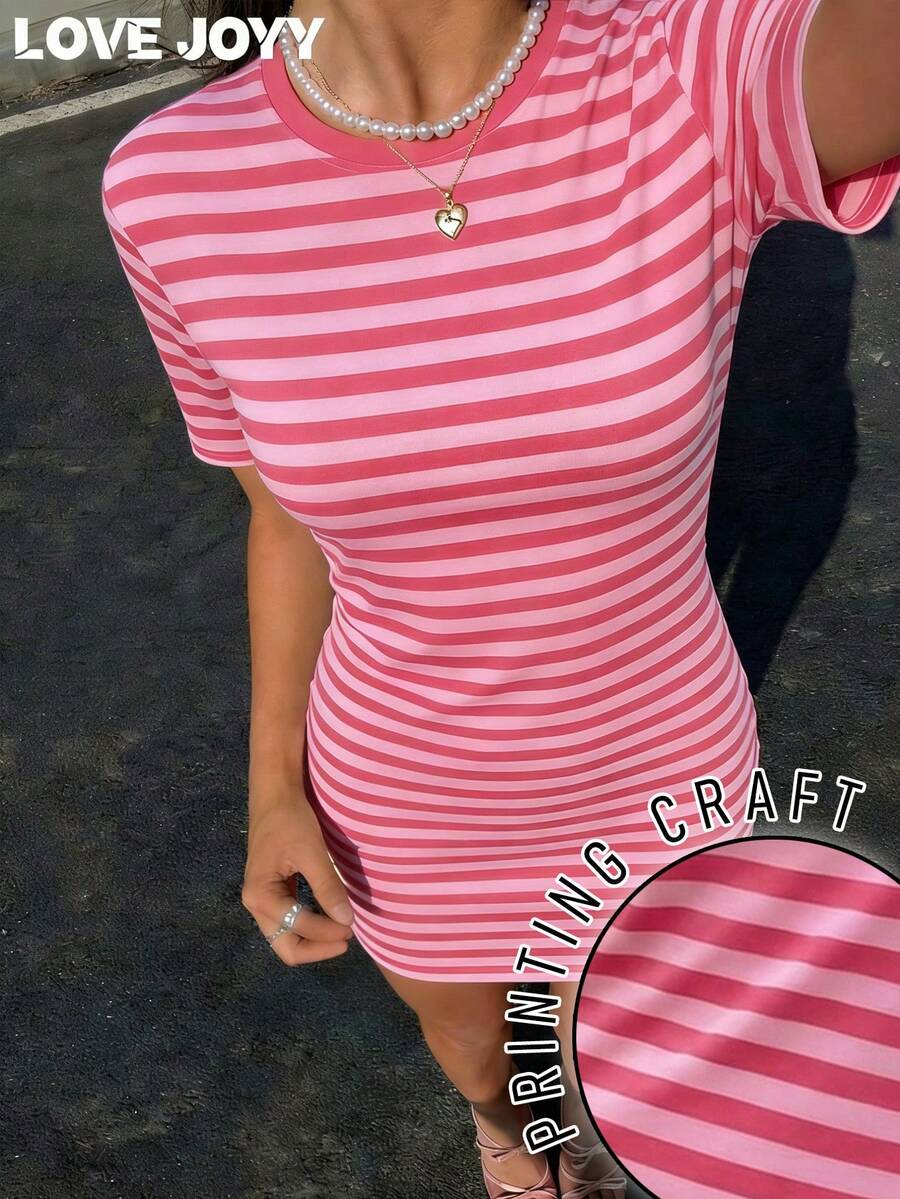 Đầm thun ngắn tay cổ tròn kẻ sọc hồng phong cách Y2K dành cho nữ, thích hợp cho đi chơi hàng ngày, đi làm và đi nghỉ mát. - Màu Hồng Tươi - Xem 1