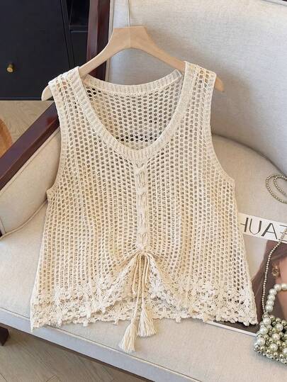 女士钩针镂空V领背心，系带无袖波西米亚风针织吊带衫，适合泳池派对和度假穿着