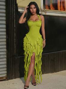Jellyfish Ruffle Halter Sexy Dress, Graduation Gown - Green - View 5