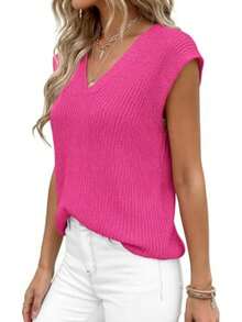 Women's Knit Sweaters Vest Lightweight Spring Cap Sleeve V Neck Tank Tops Summer Going Out Outfits - 玫紅色 - 查看 6