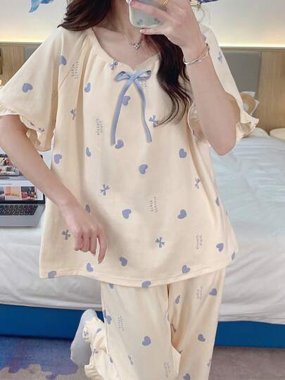 Bộ đồ ngủ nữ 2 món, kiểu dáng đồng quê Pháp, cổ tròn, tay ngắn và quần lửng 3/4 thoáng khí, họa tiết hoa nhí, đồ mặc nhà mùa hè.
