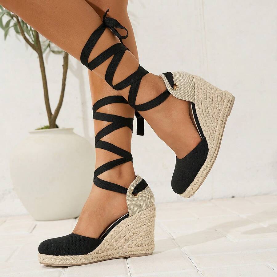 Bohemian Nightclub Style Criss Cross Lace Up Vacation Sandals Women's High-Heeled Wedge Espadrilles 2026 New Summer Lace-Up French Chunky Heel Fisherman Closed Toe Hollow Shoes Black - 黑色 - 查看 1