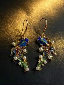1 par de pendientes elegantes vintage con colgante de pez koi, decorados con perlas falsas, accesorio llamativo para fiestas, regalo de joyería con estilo chino - arete - Ver 6