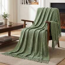 1pc Light Blue Diamond Plaid Knitted Blanket, Nordic Casual Style Tasseled Rectangular Throw Blanket For Sofa, Office Nap, Everyday Use - Bubble Towel Olive Green - View 6