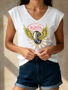 Women's Casual Summer V-Neck Vest | Von D Winged Tire Logo | Perfect For Daily Wear, Outdoor Leisure, Loungewear, Back-To-School Season, Mother's Day & More Summer Occasions  | Daily Gift. - 白色 - 查看 3